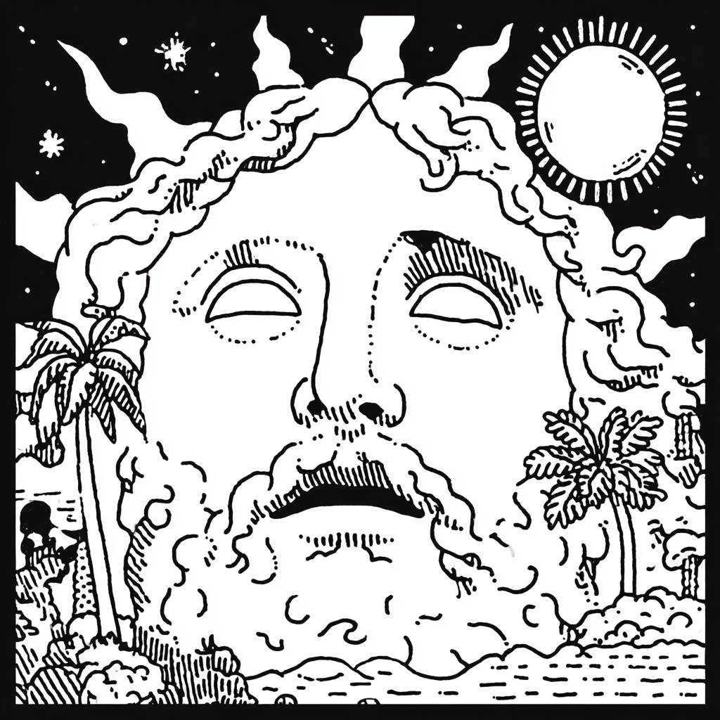 Psychedelic deity face with celestial and tropical elements