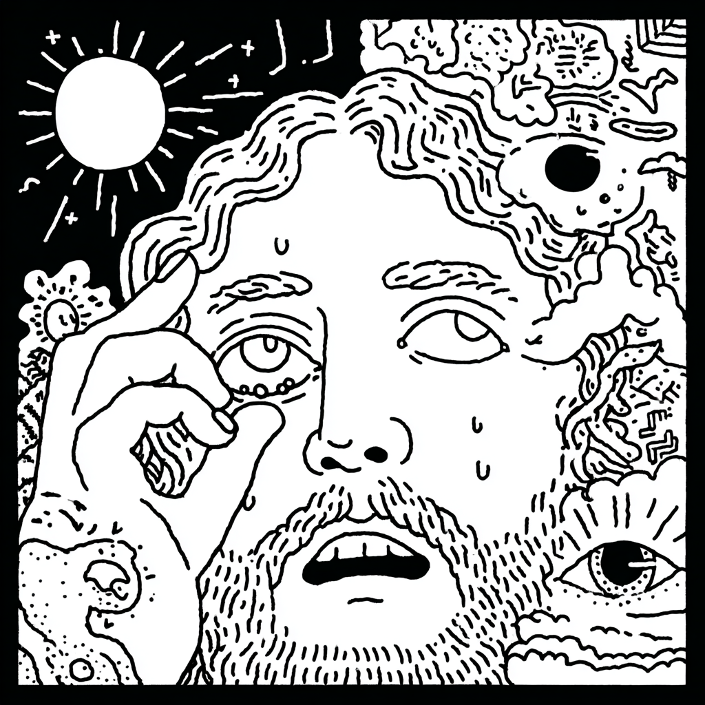 a psychedelic depiction of Jesus holding his eye open