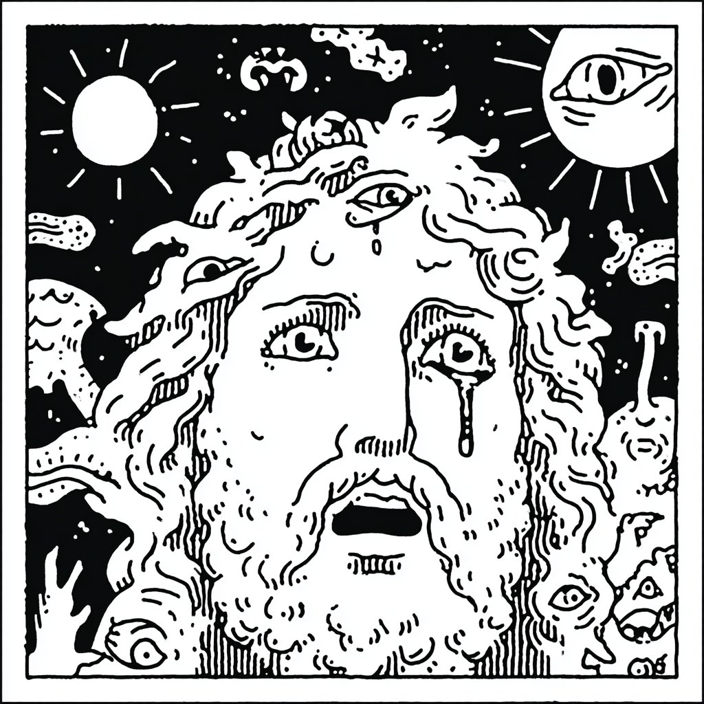 a psychedelic Jesus-like figure crying with many eyes