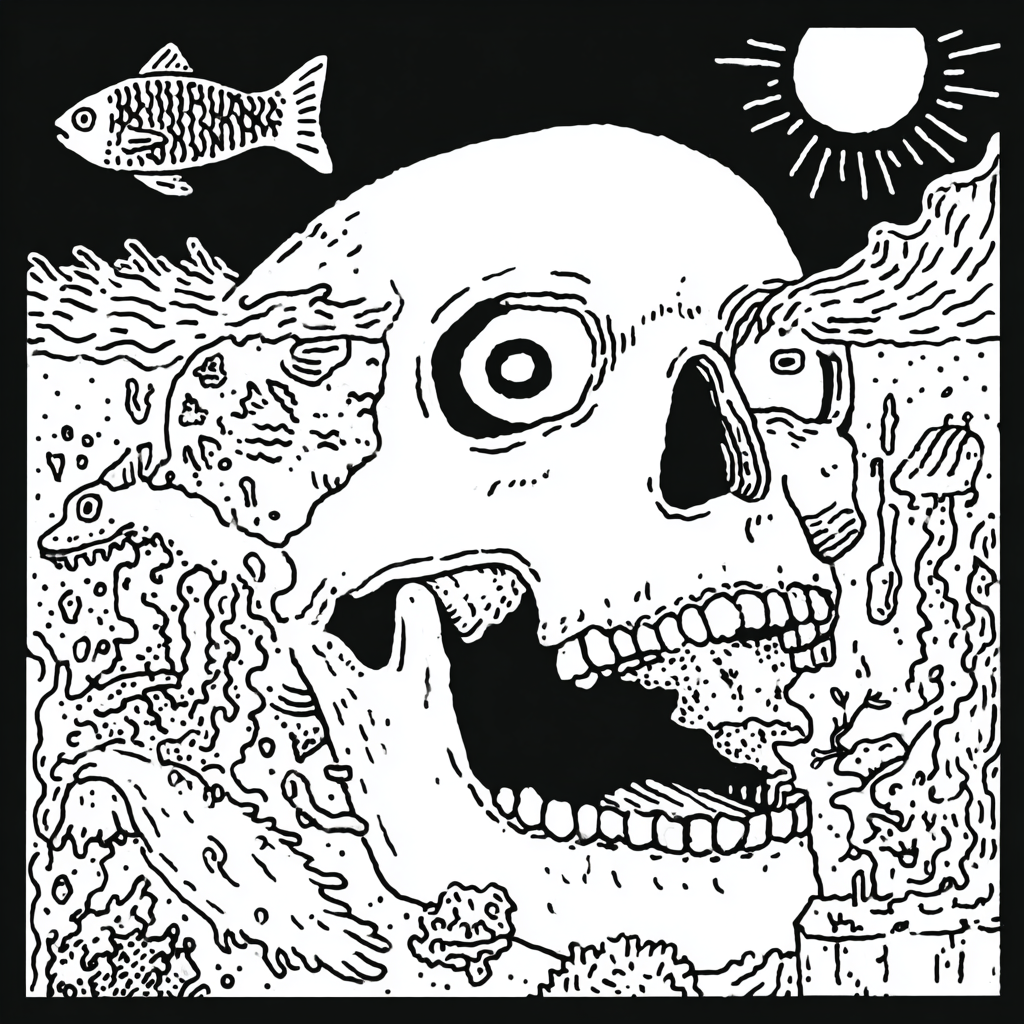 A psychedelic skull submerged in a surreal underwater world