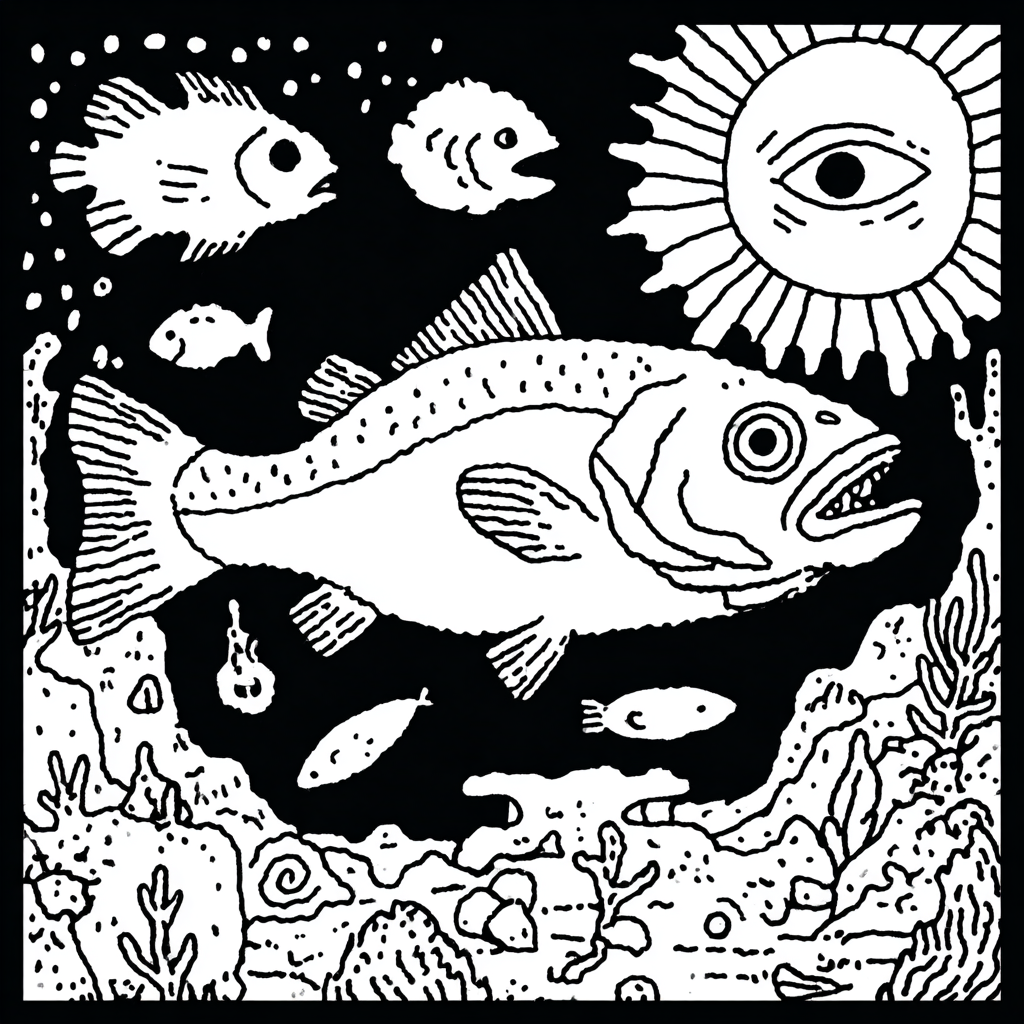 Underwater scene with fish, coral, and a mystical sun