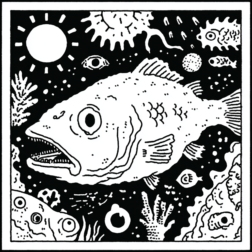 a large fish in an abstract psychedelic underwater scene