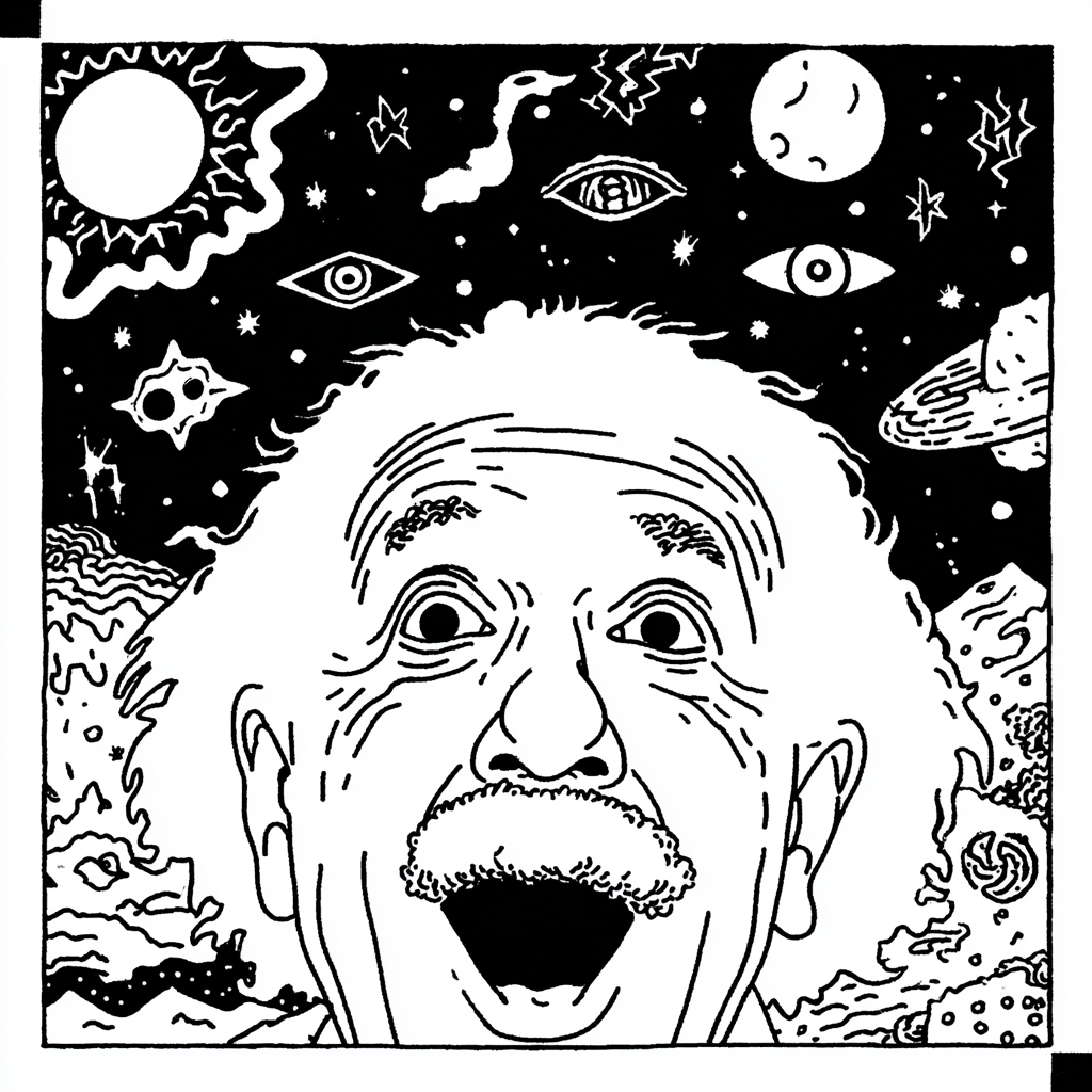 Psychedelic Albert Einstein in cosmic wonderland