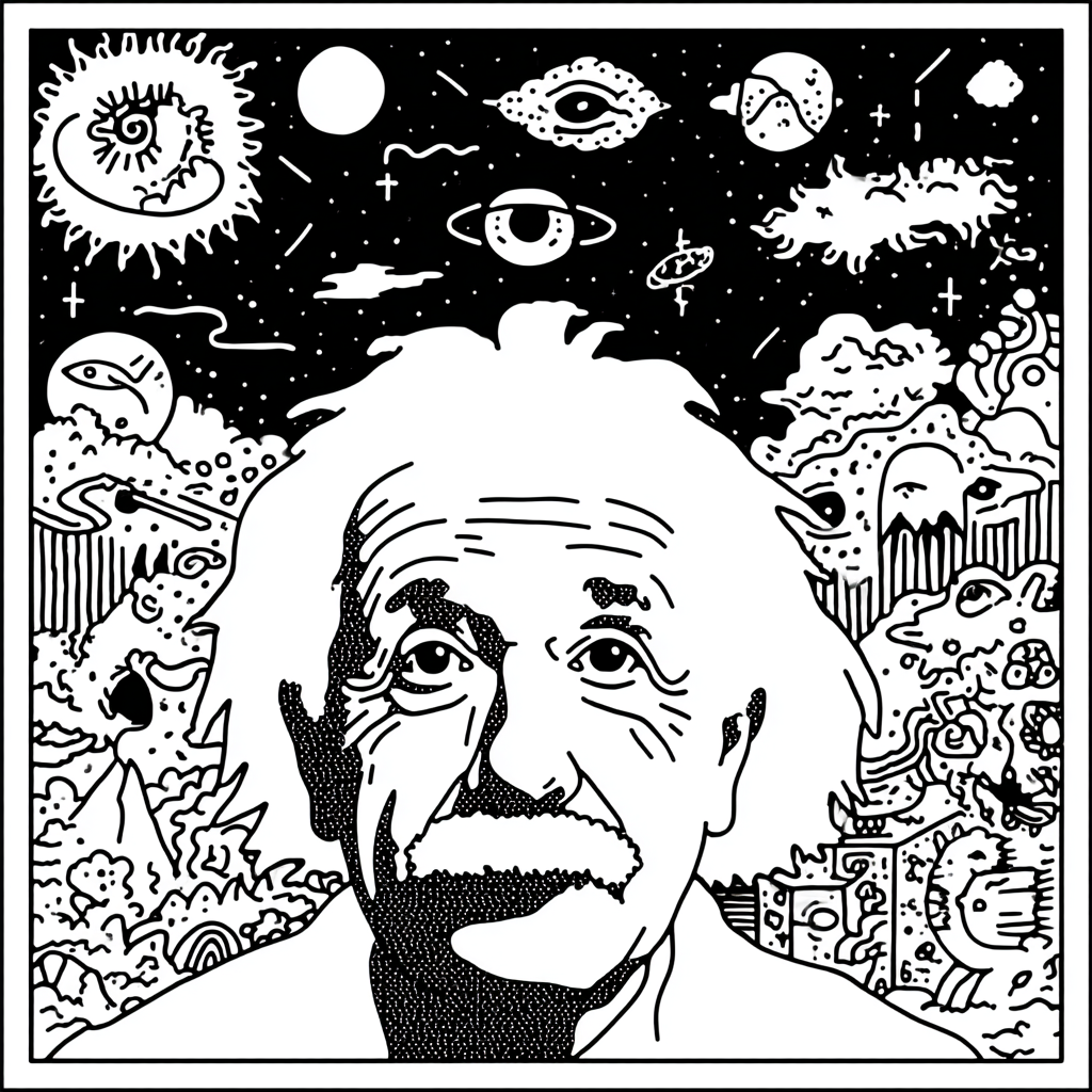 Albert Einstein's head surrounded by psychedelic cosmic elements