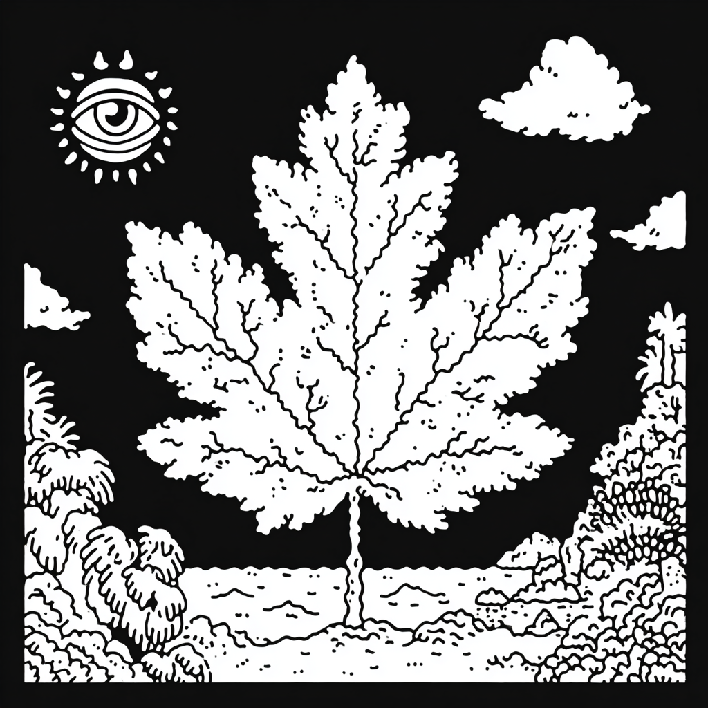 Psychedelic maple leaf landscape with all-seeing eye