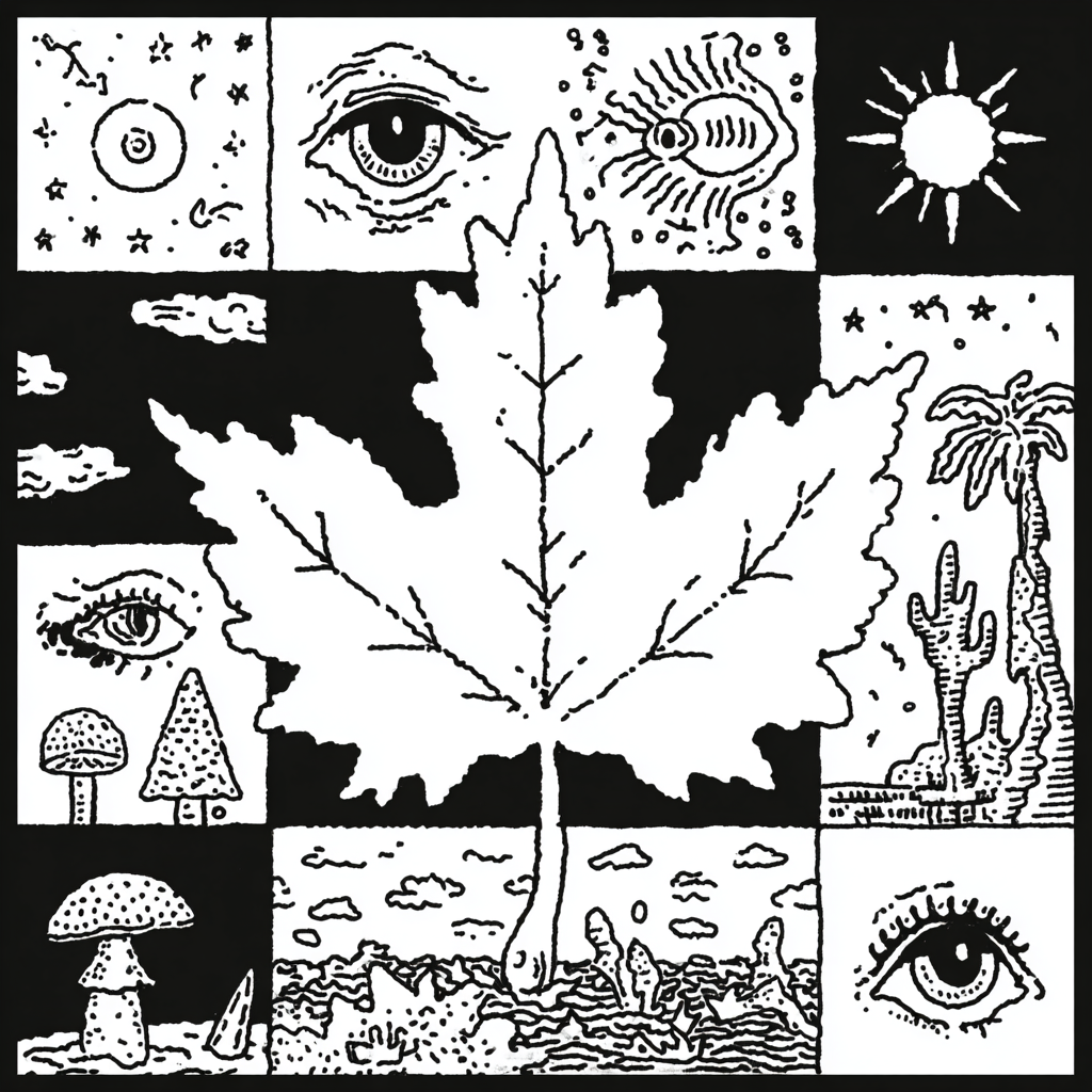 A psychedelic maple leaf surrounded by mystical and nature elements