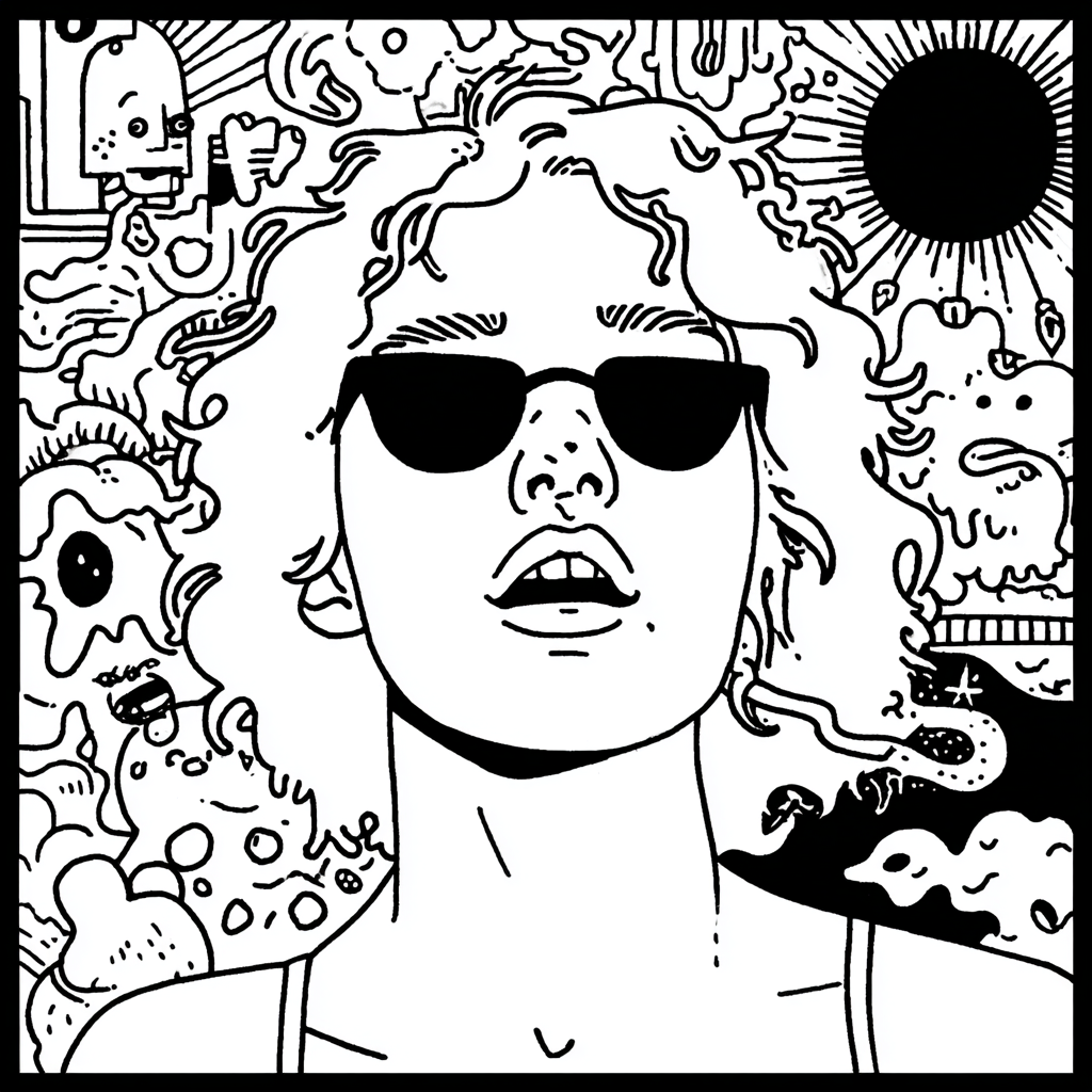 psychedelic pin-up model with sunglasses and abstract doodles