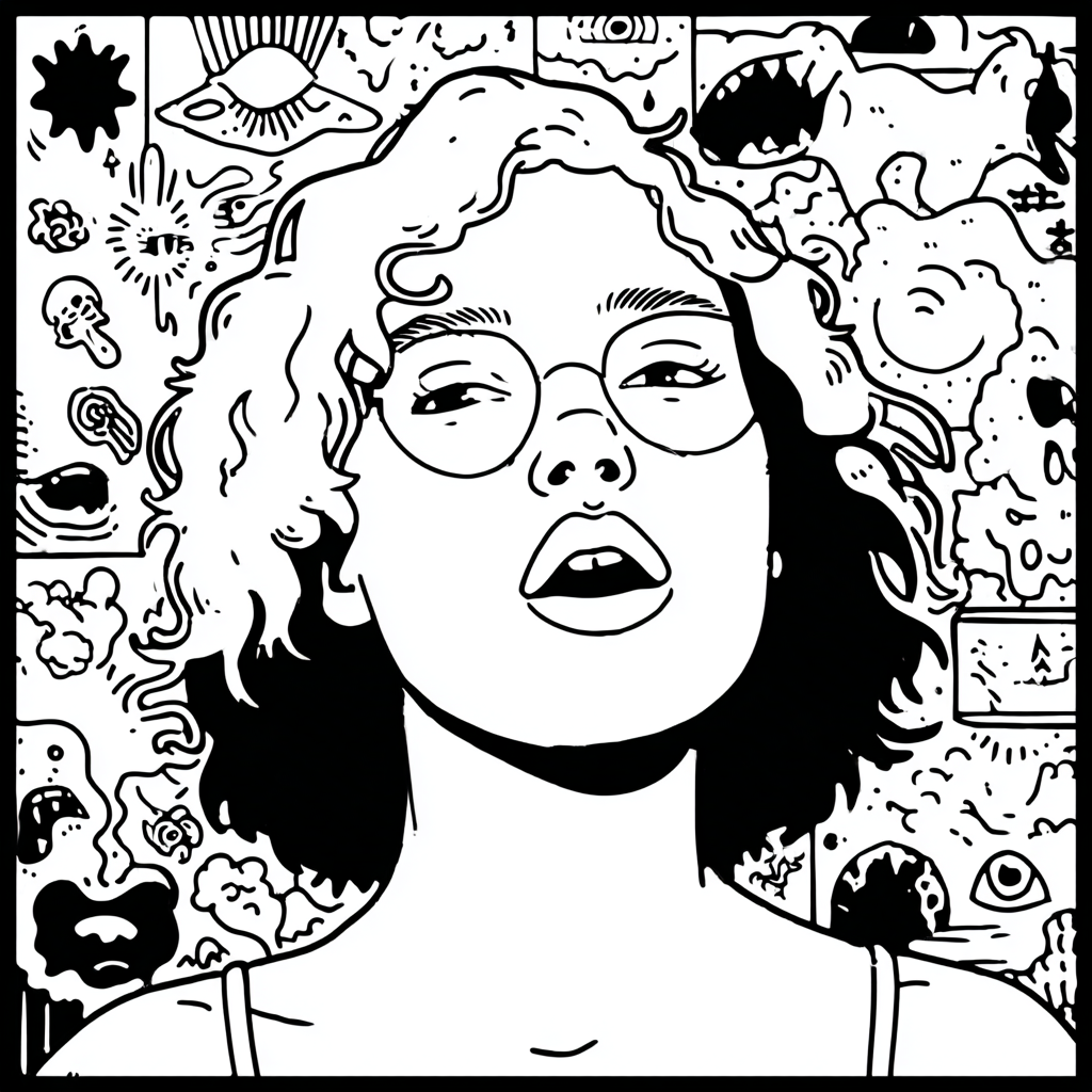 A psychedelic portrait of a woman with curly hair and glasses