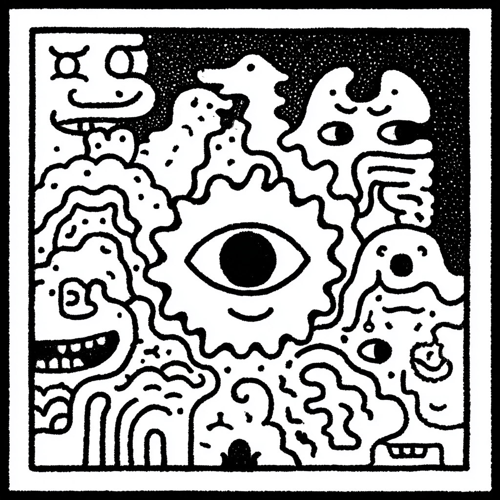 A group of whimsical doodle creatures and an all-seeing eye