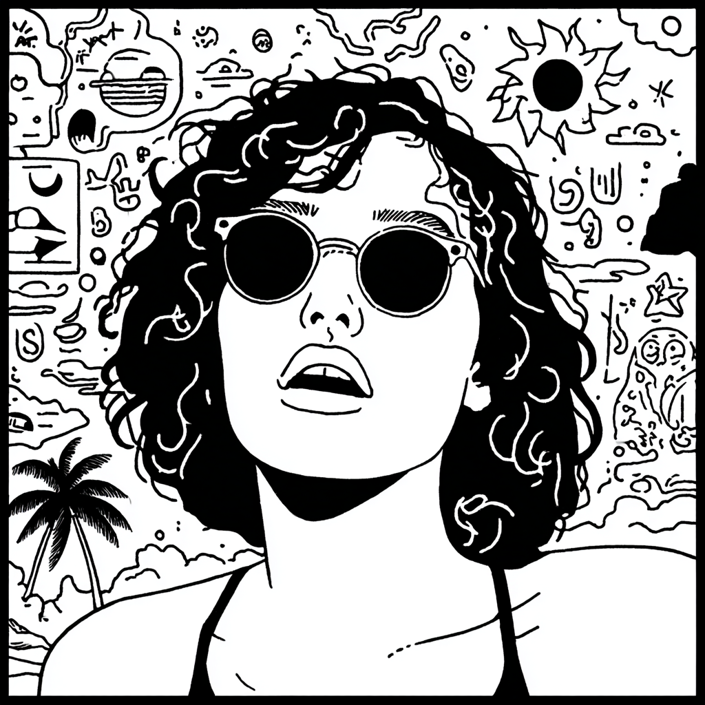 woman with curly hair and sunglasses in psychedelic landscape