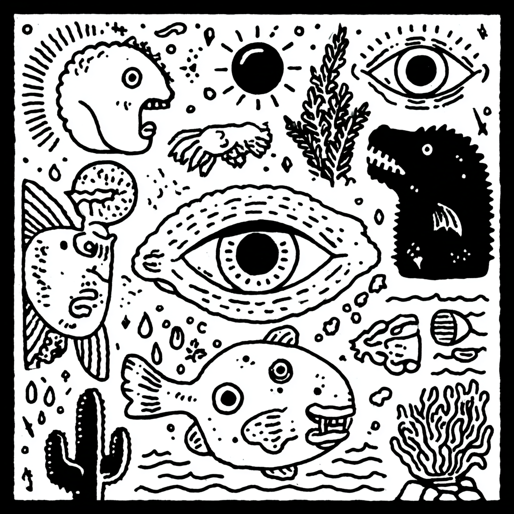 A collection of surreal underwater creatures, plants, and eyeballs