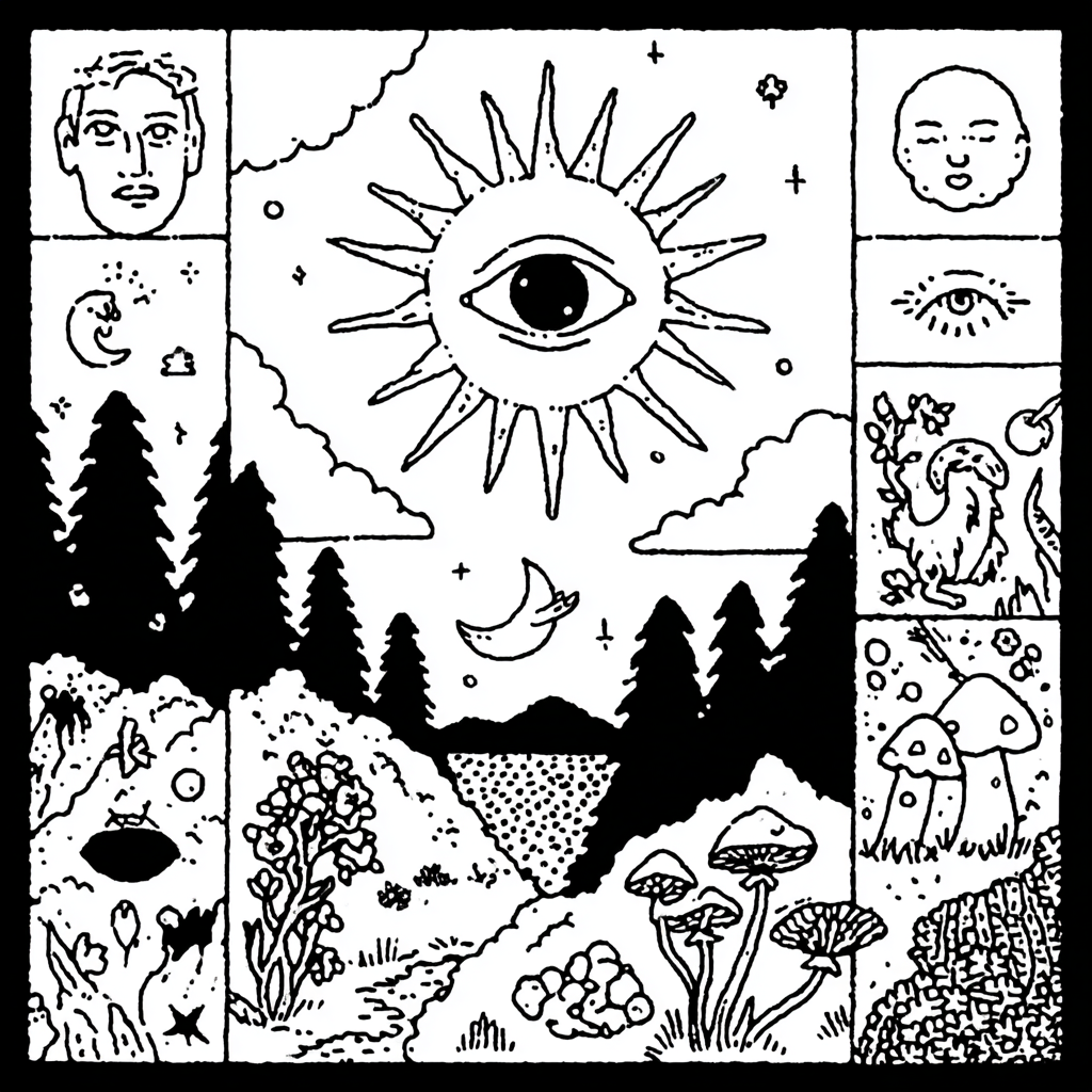 Psychedelic forest scene with cosmic eye, faces and mushrooms
