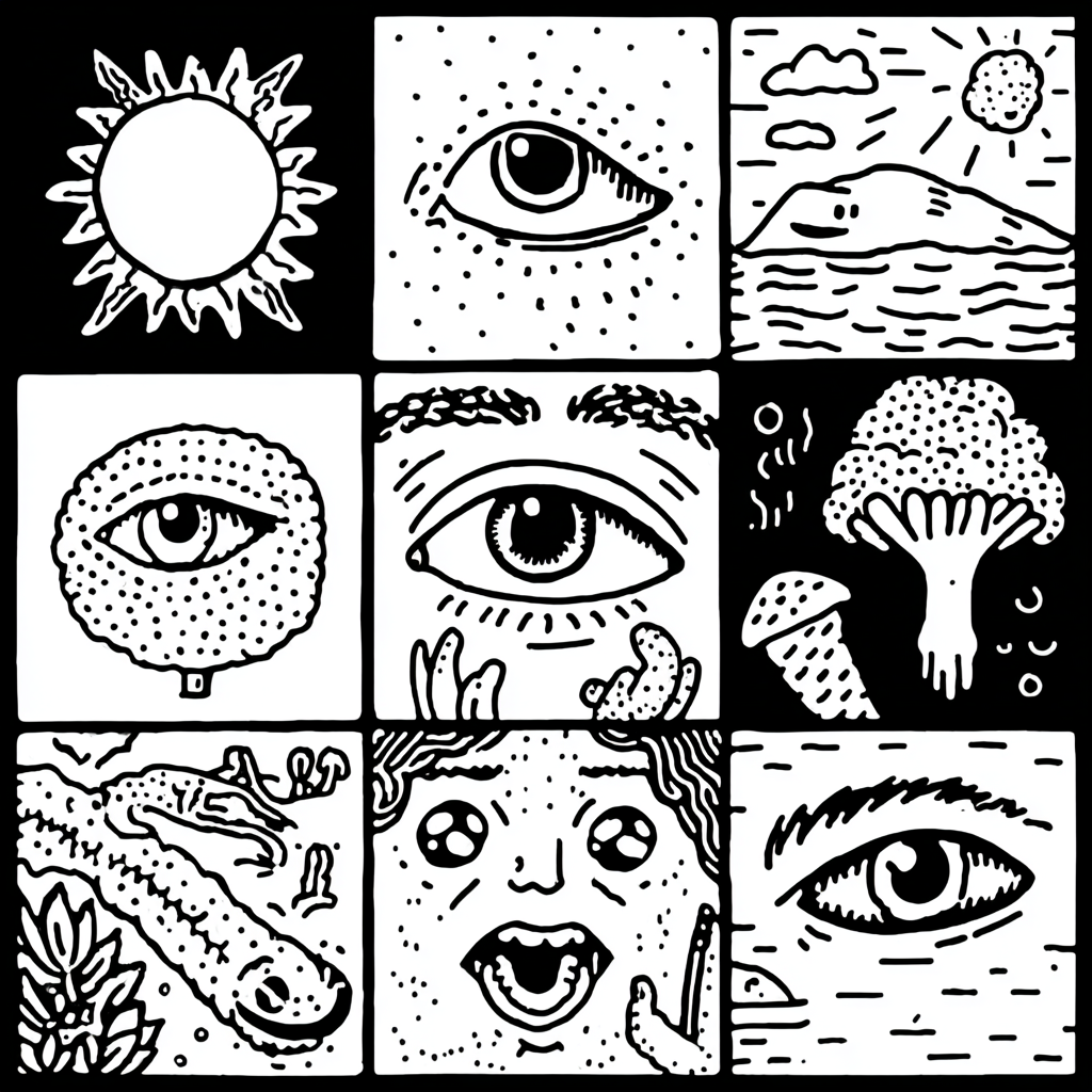 A nine-panel surrealistic black and white indie-zine illustration