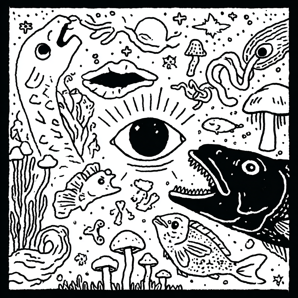 psychedelic eye surrounded by marine life and mushrooms