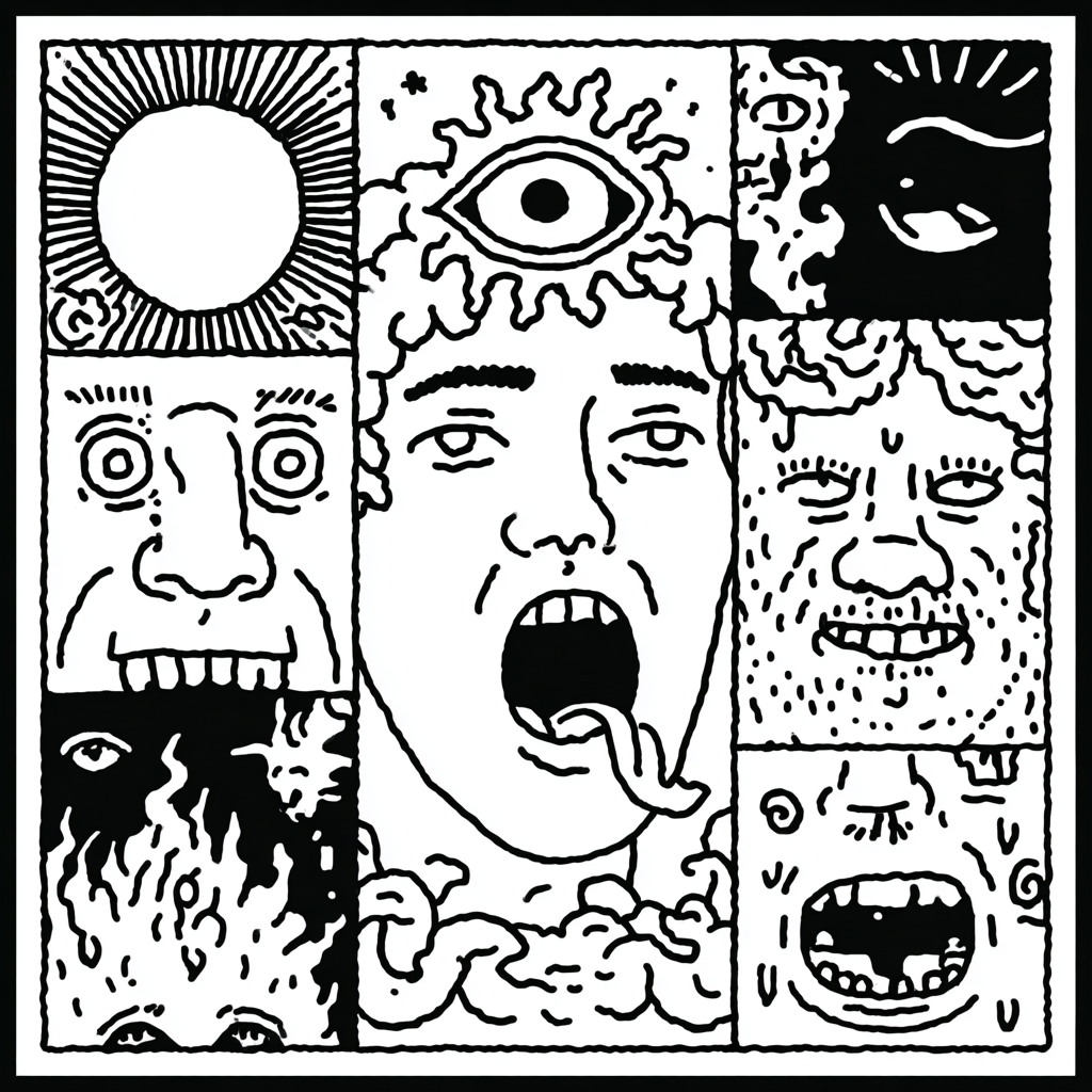 Psychedelic collage of a central screaming figure surrounded by grotesque faces
