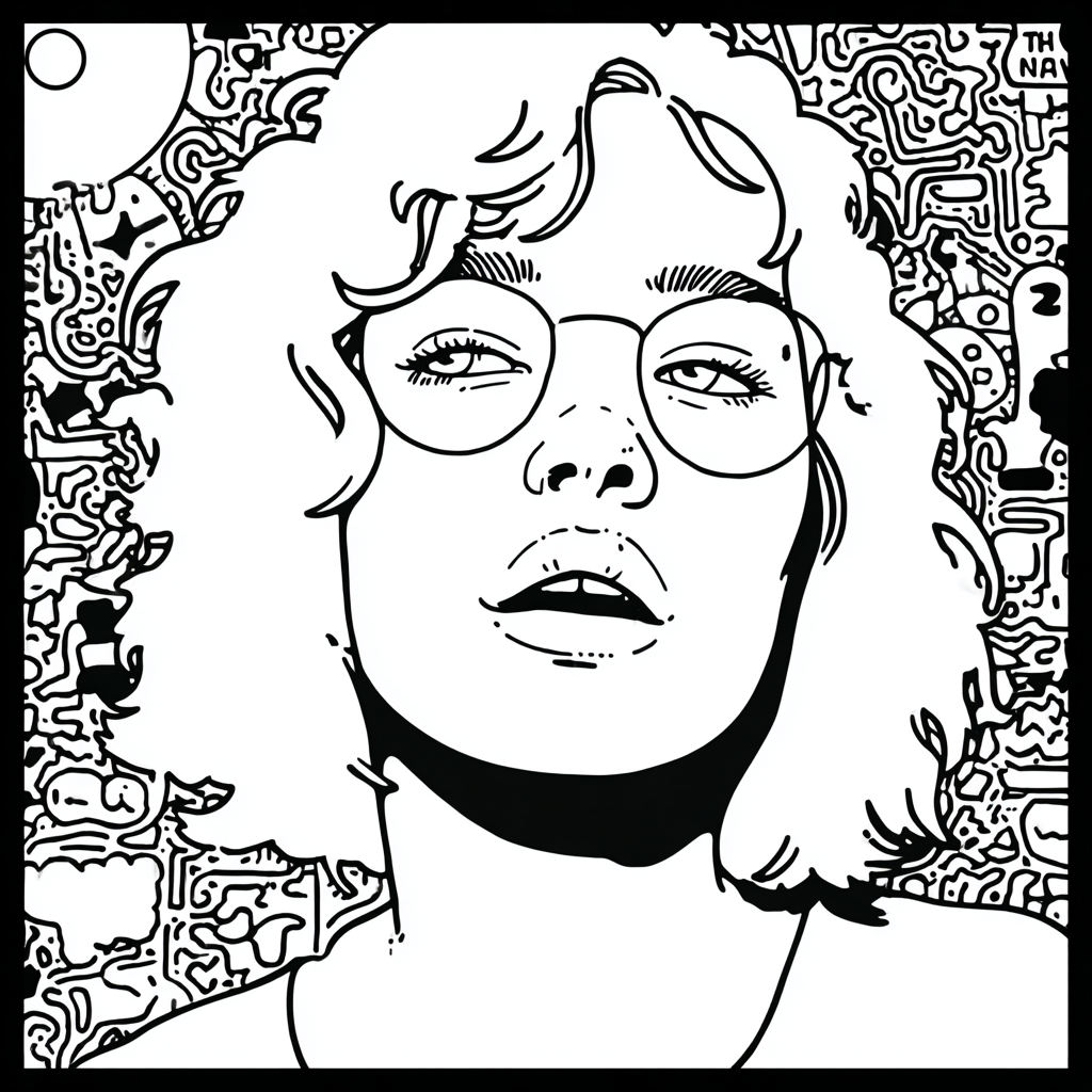 A psychedelic illustration of a woman with curly hair and glasses