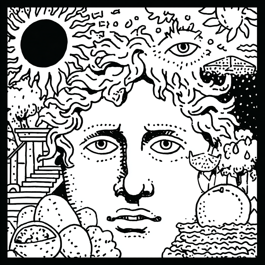 psychedelic sun god face with celestial and earthly elements