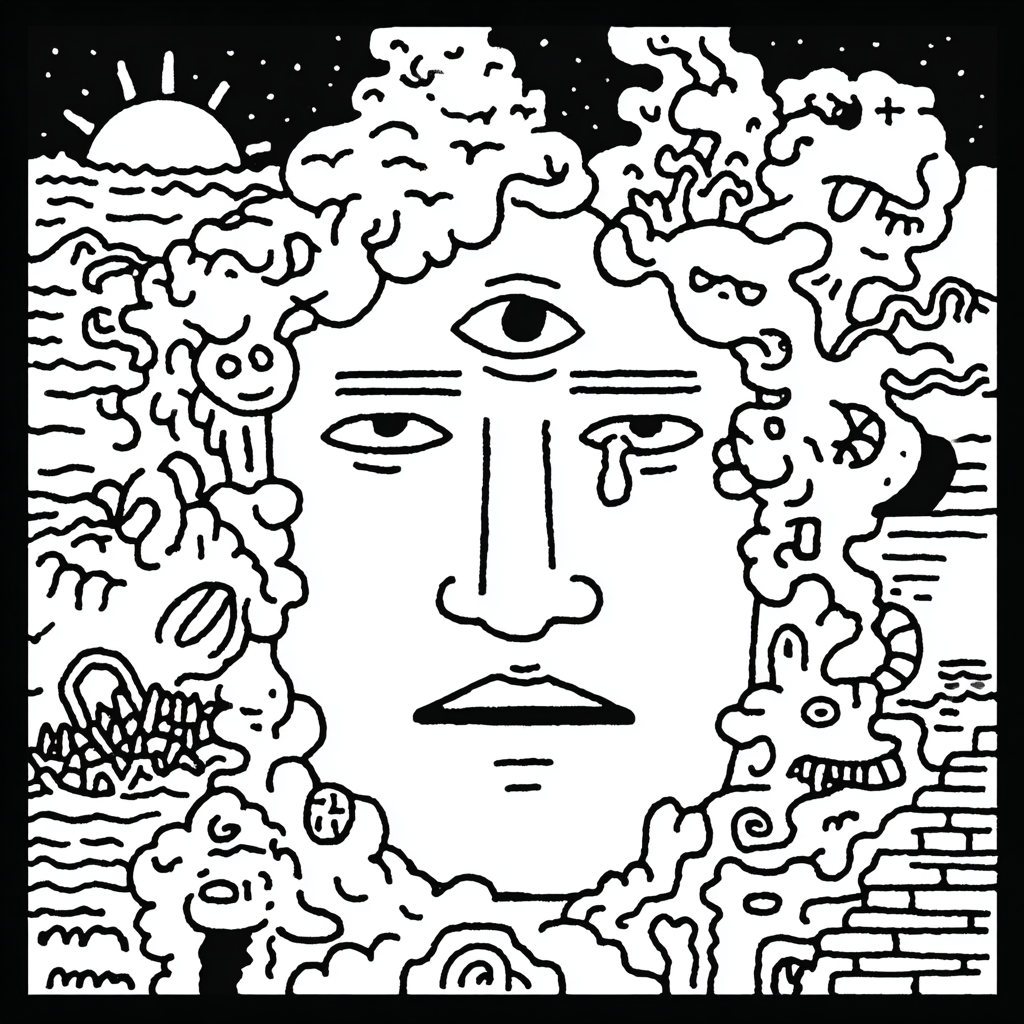 Psychedelic portrait of a solemn figure with chaotic thoughts