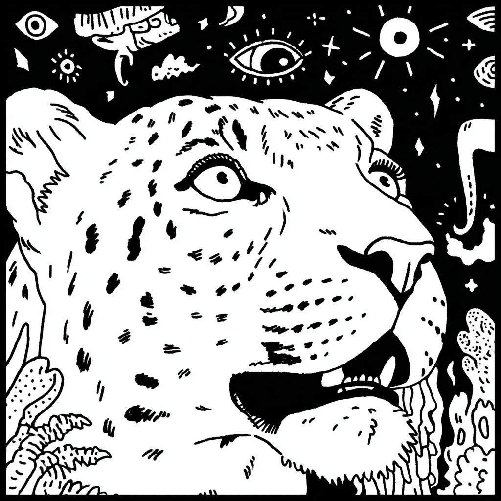 Psychedelic leopard head with cosmic and surreal elements