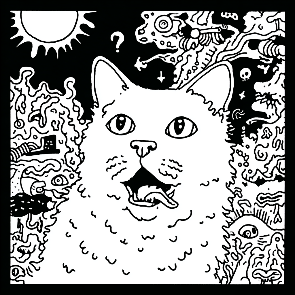 a surprised psychedelic cat surrounded by abstract doodles