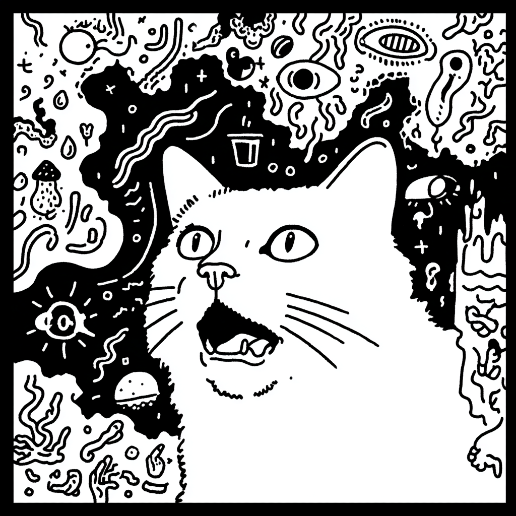 Cat reacting to a psychedelic visual cacophony