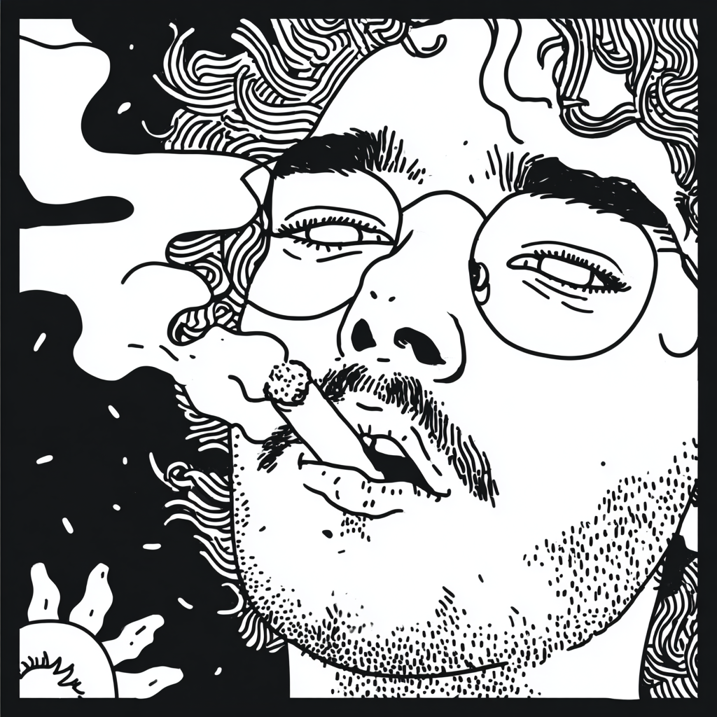 psychedelic hipster man smoking with curly hair