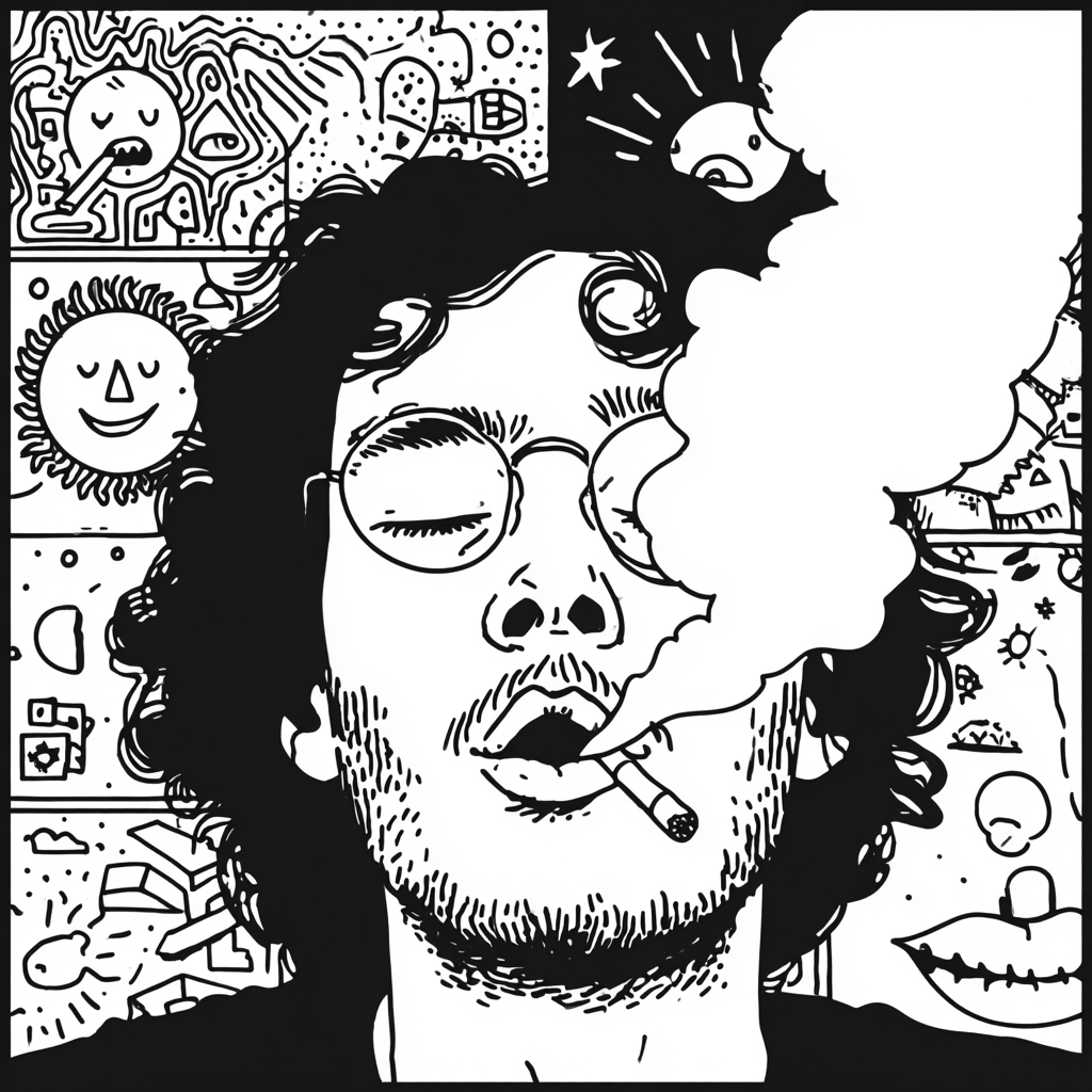 a psychedelic hipster man smoking with abstract background