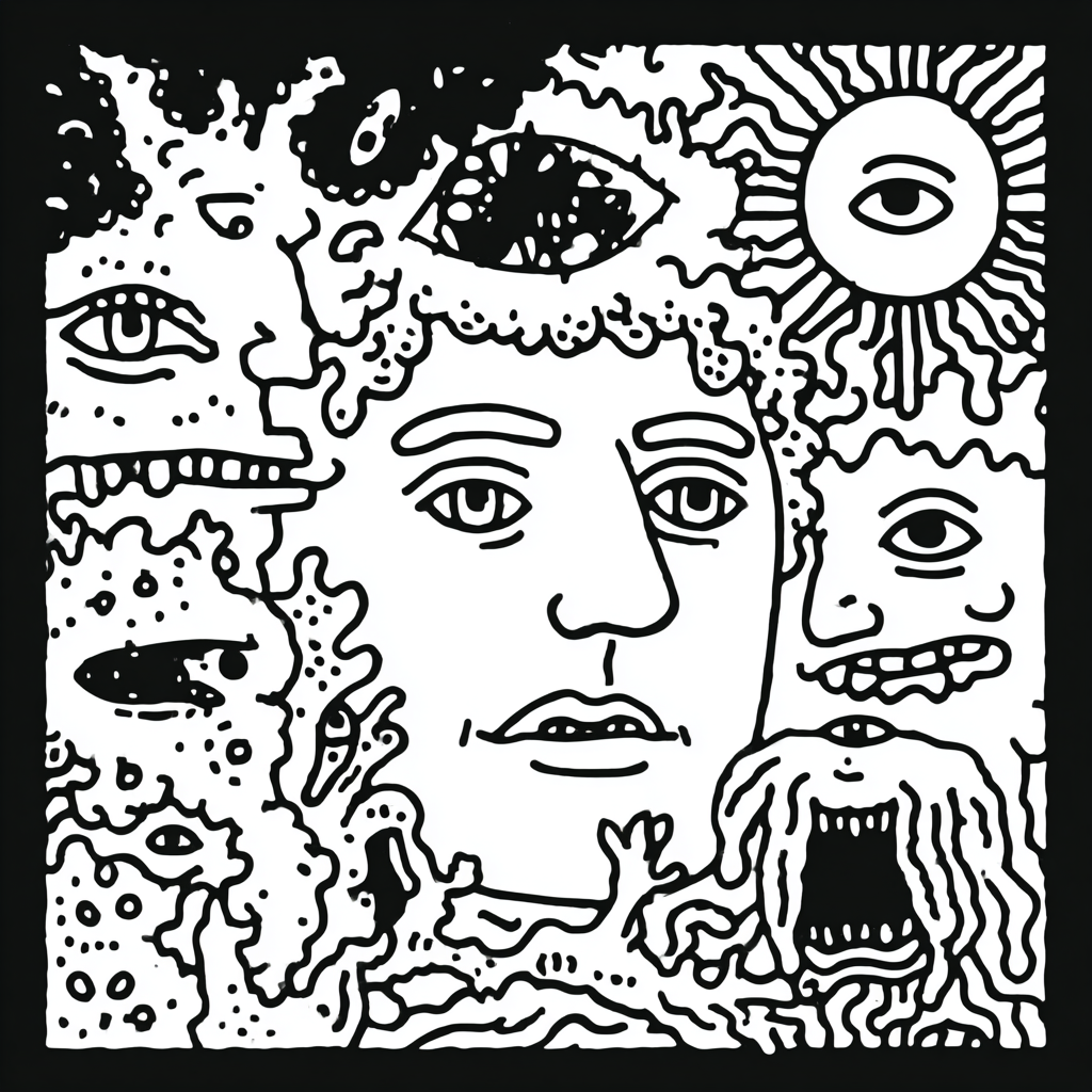 surreal faces and eyes with organic shapes doodle