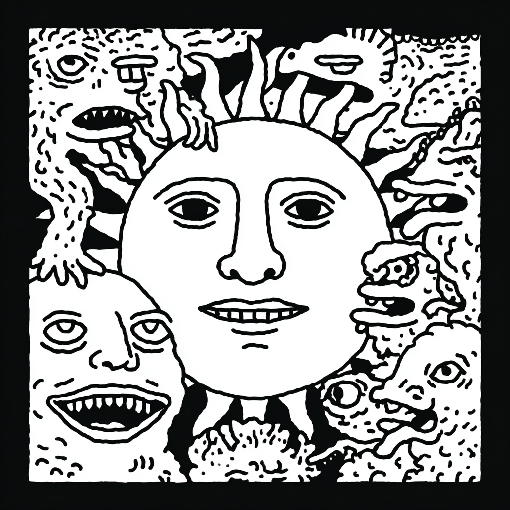 Sun face surrounded by many grotesque monster faces