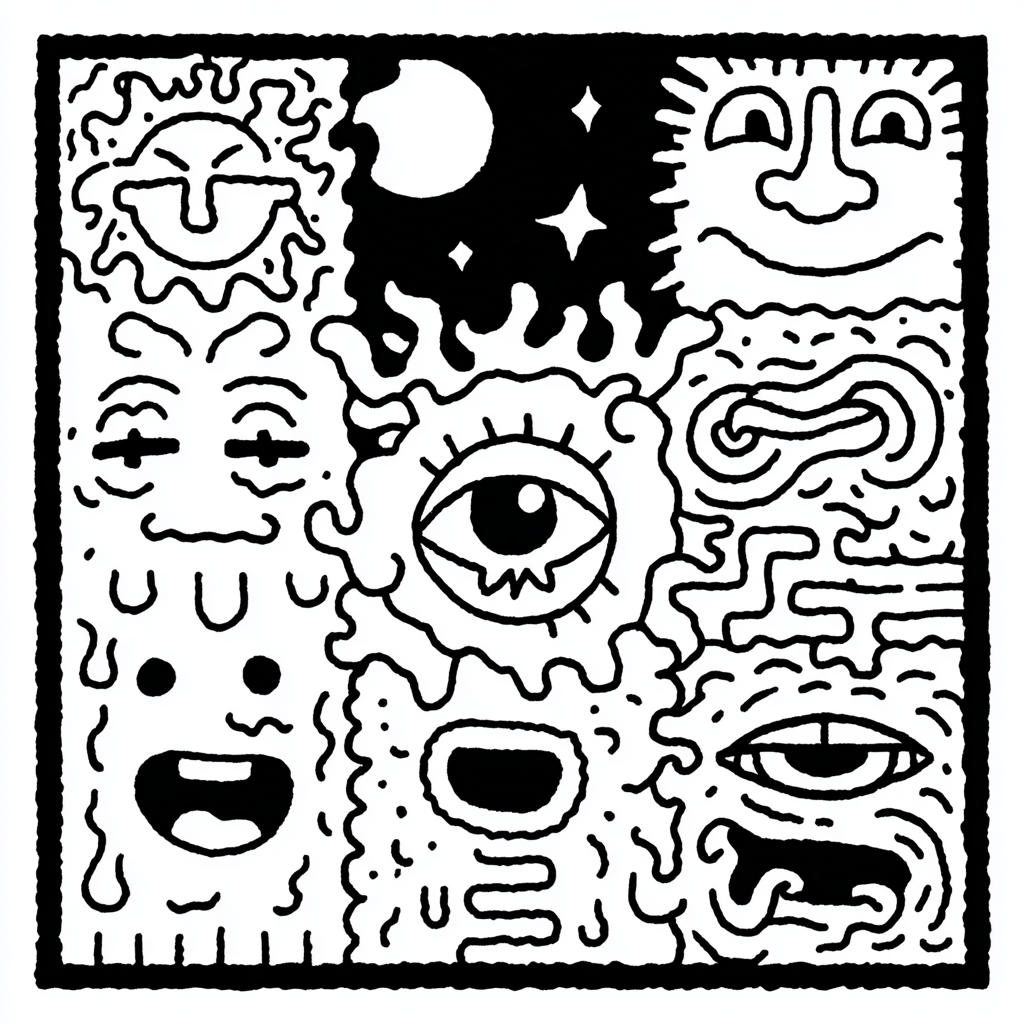 A square grid of psychedelic doodle faces, eyes, and celestial bodies