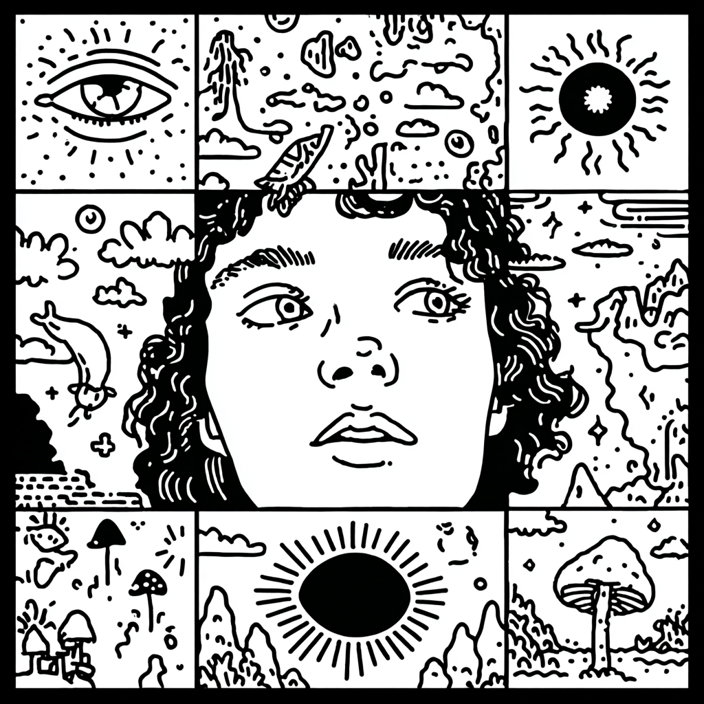 A girl's face with curly hair surrounded by psychedelic natural elements