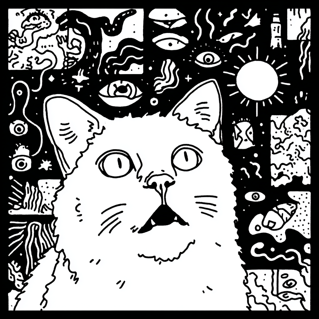 wide-eyed cat observing abstract psychedelic universe