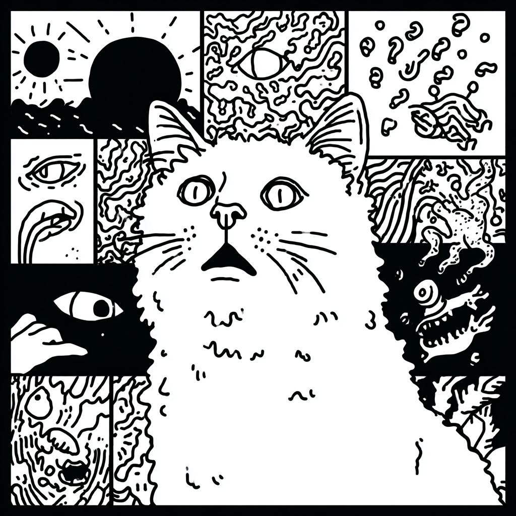 Surprised cat looking up amidst surreal abstract panels