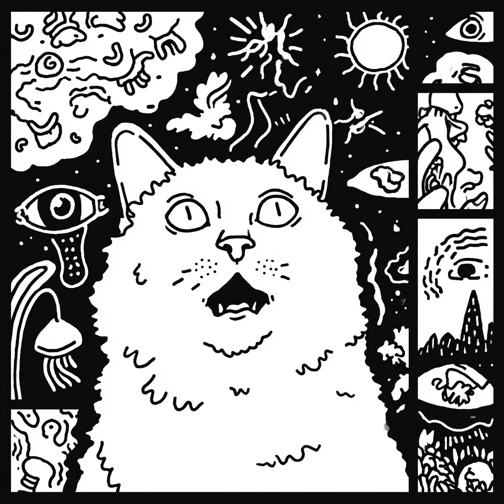a surprised cat surrounded by psychedelic cosmic elements
