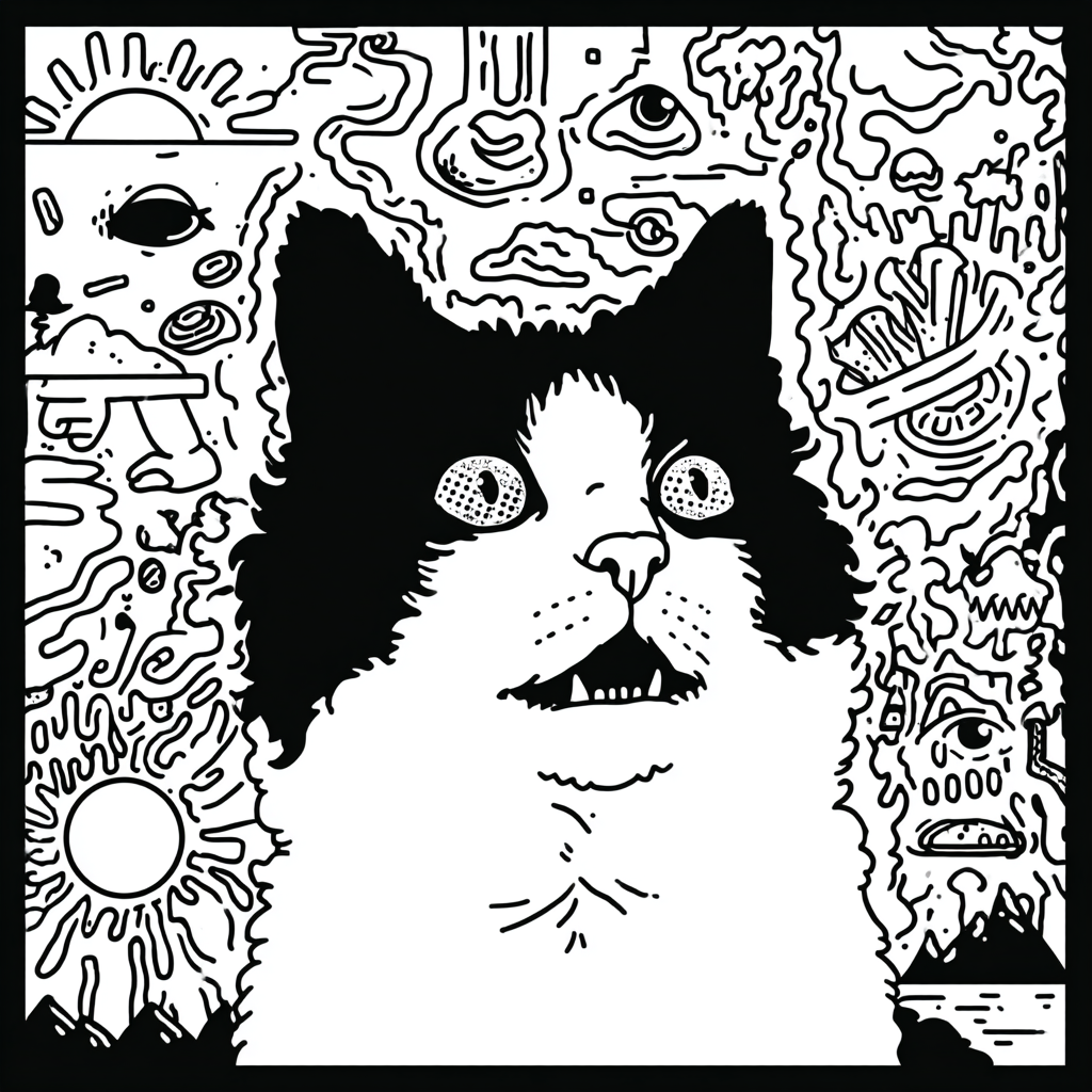 wide-eyed cat surrounded by psychedelic abstract doodles