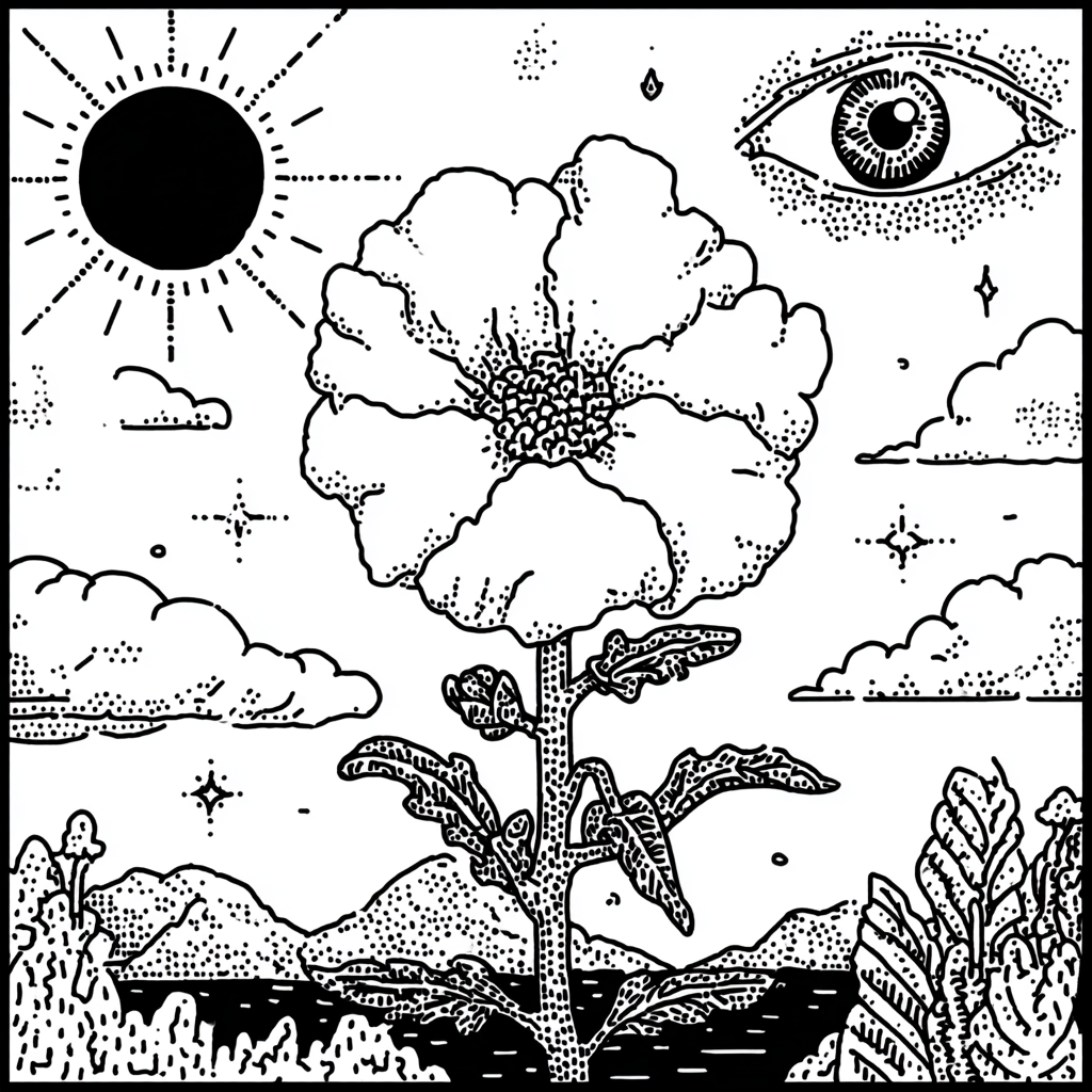 Psychedelic illustration of a large flower with sun and eye