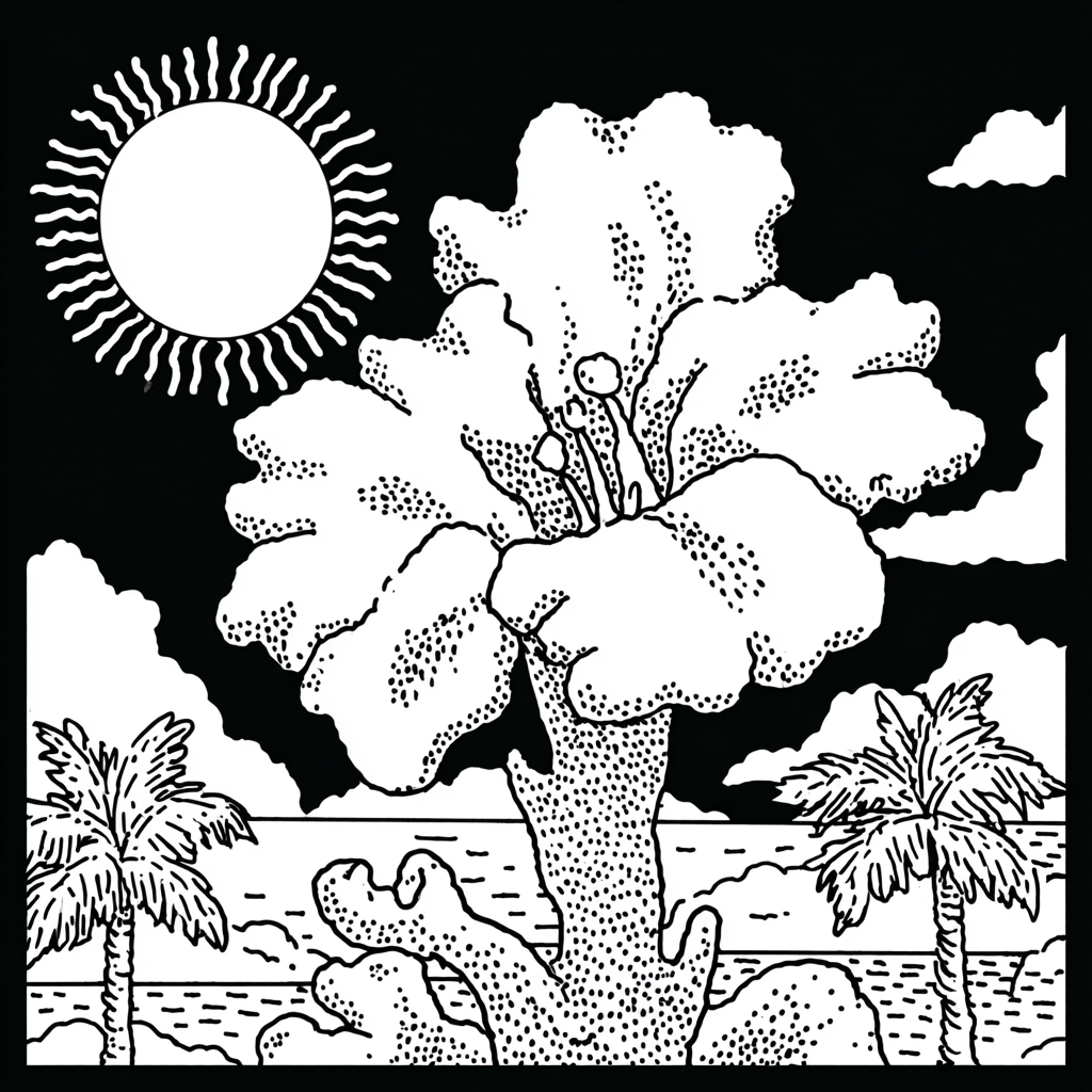 Tropical landscape with giant flower, sun, and palm trees