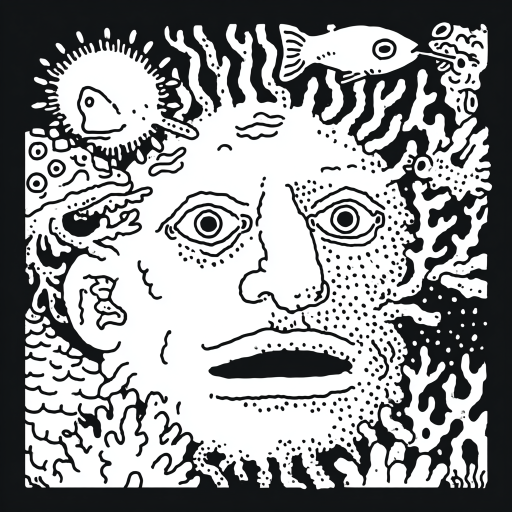 Psychedelic sea god face with marine creatures