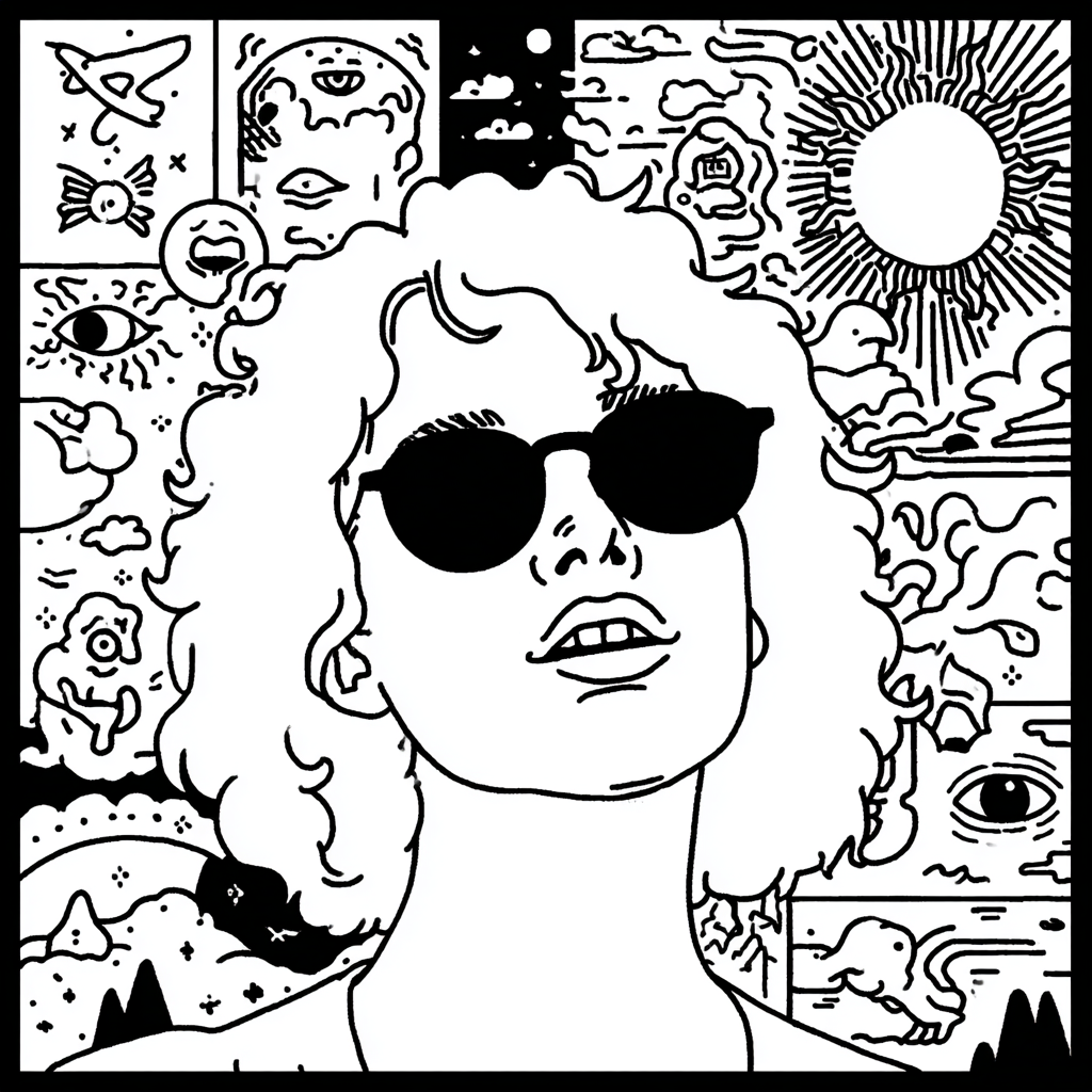 A psychedelic pin up girl with sunglasses and curly hair
