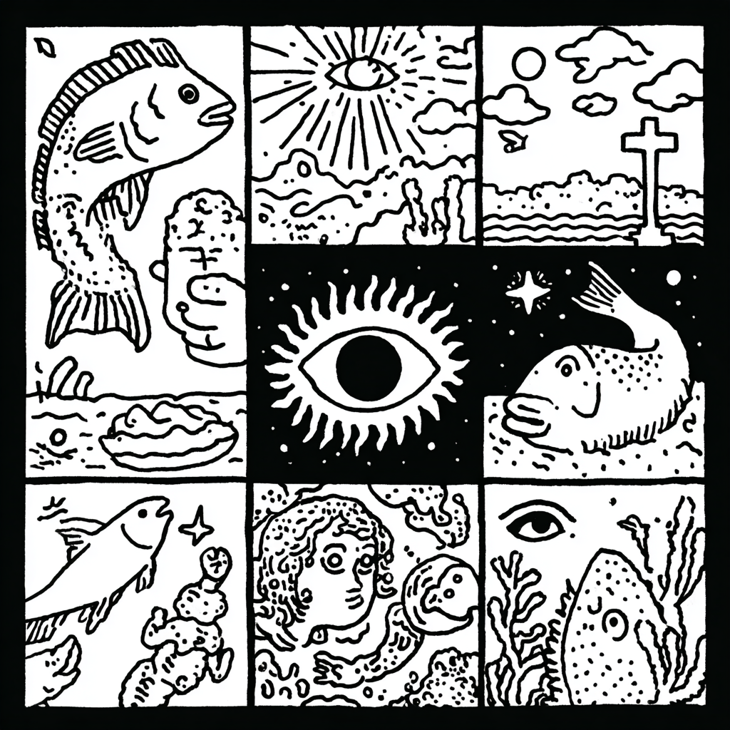 Psychedelic panels of aquatic life, cosmic eyes, and spiritual symbols