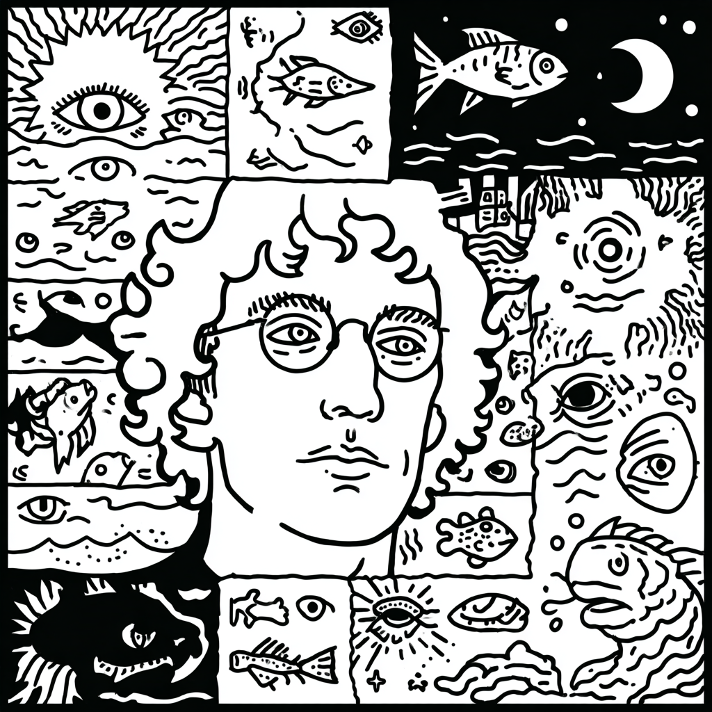 Psychedelic portrait of a person surrounded by surreal aquatic and cosmic elements