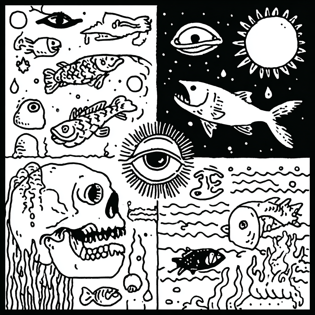 A surreal collage of marine life, celestial symbols, and a skull