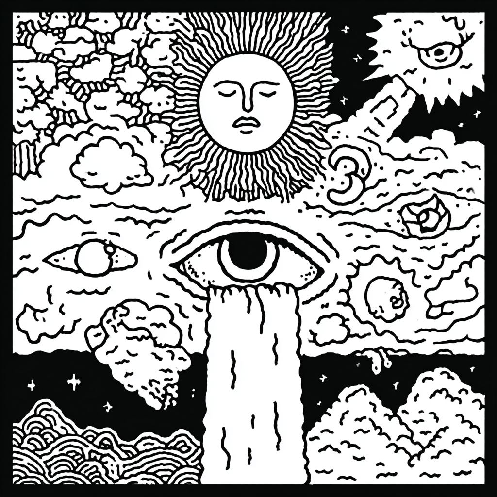 Surreal eye crying a waterfall under a sun