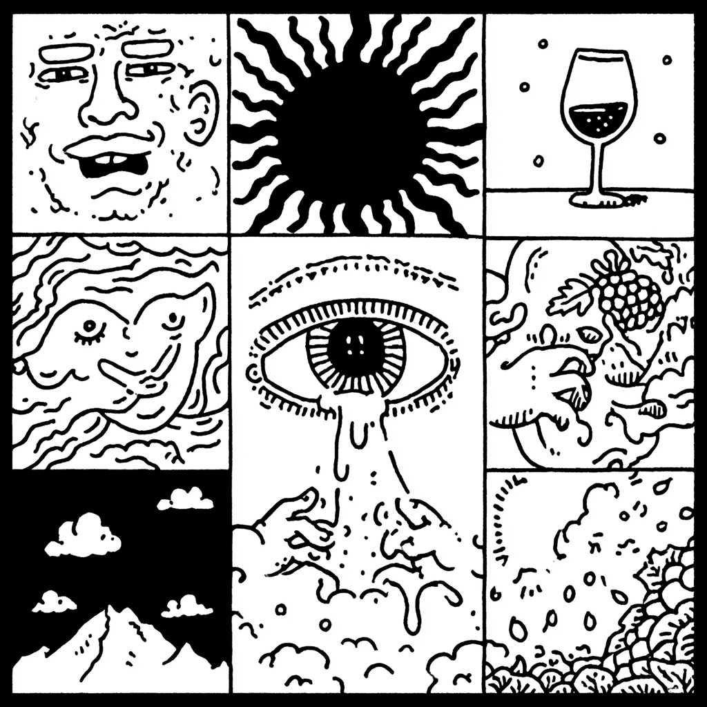 Psychedelic grid of surreal faces, nature, and objects