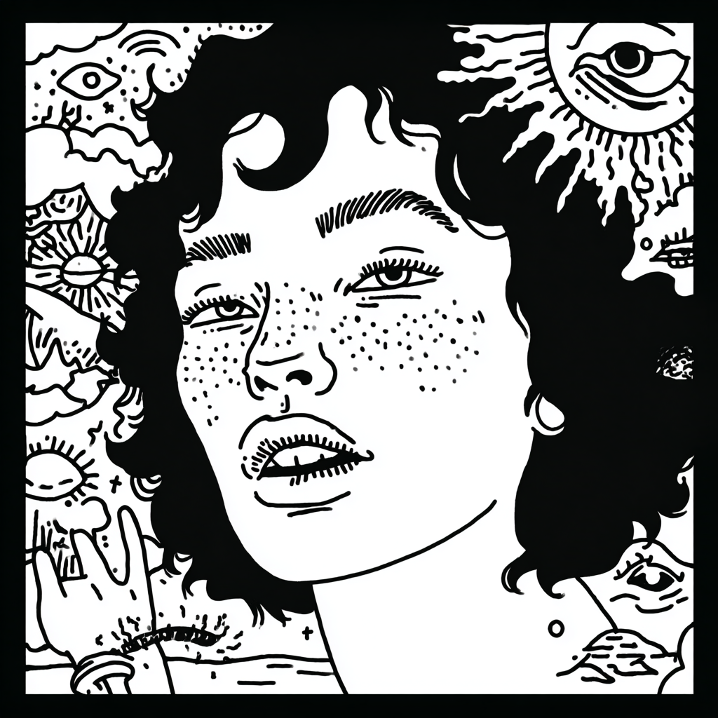 Psychedelic illustration of a woman's face with occult elements