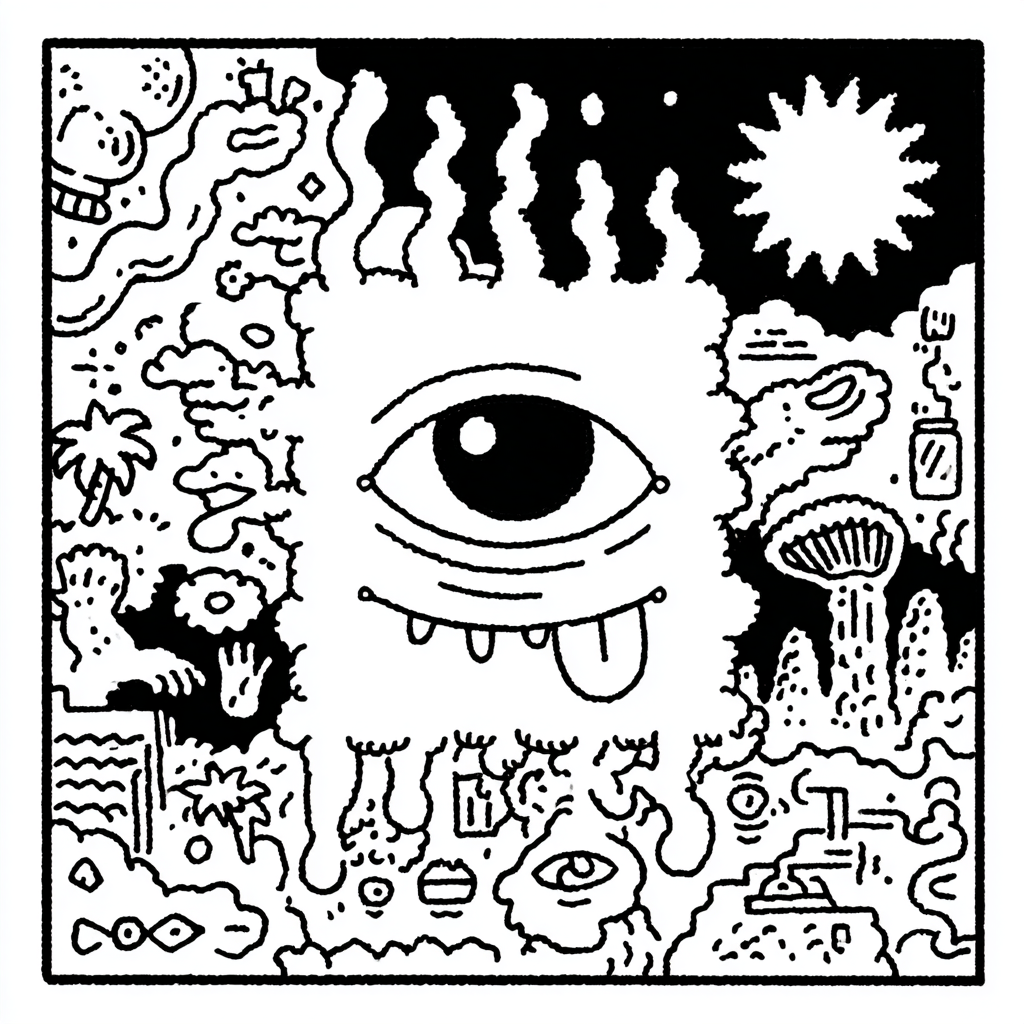 psychedelic eye with tongue surrounded by abstract dreamscape