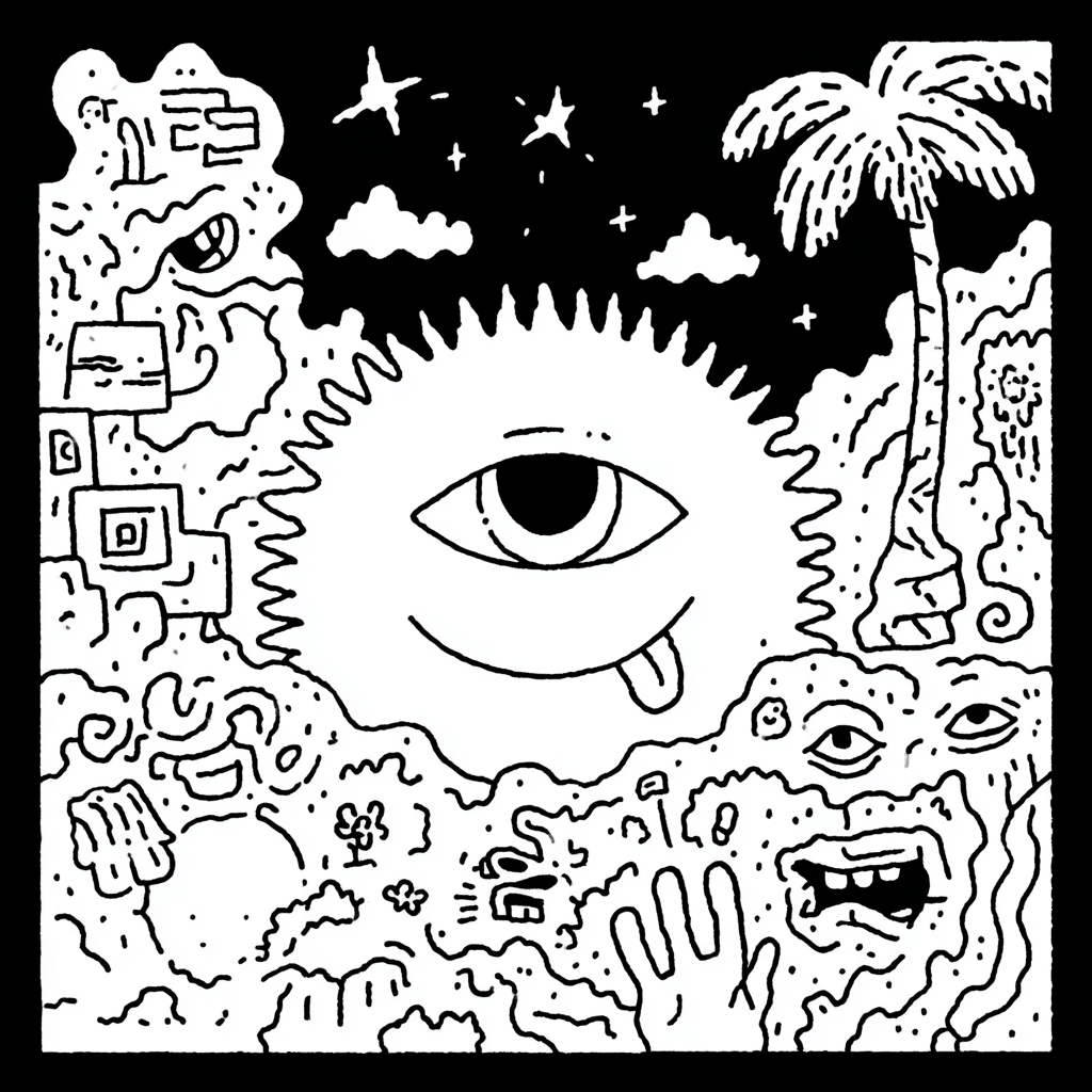 Psychedelic eye-creature amidst surreal landscape with stars and a palm tree
