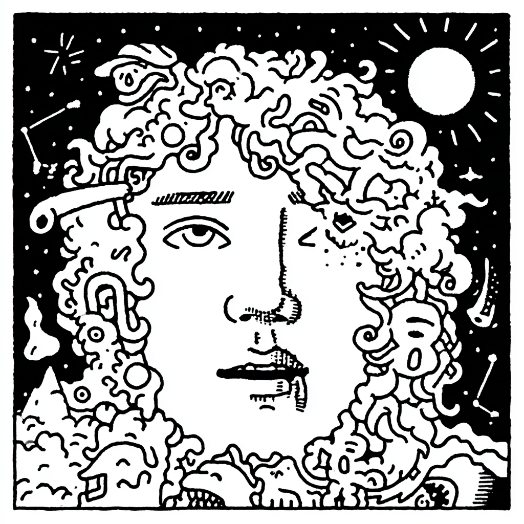 A psychedelic illustration of a face with surreal, organic hair