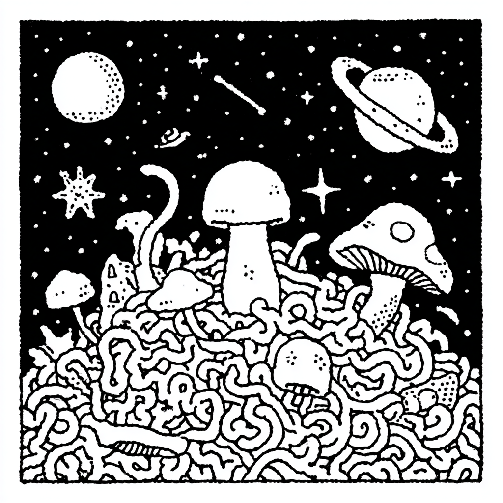 Cosmic mushrooms growing from tangled roots in space