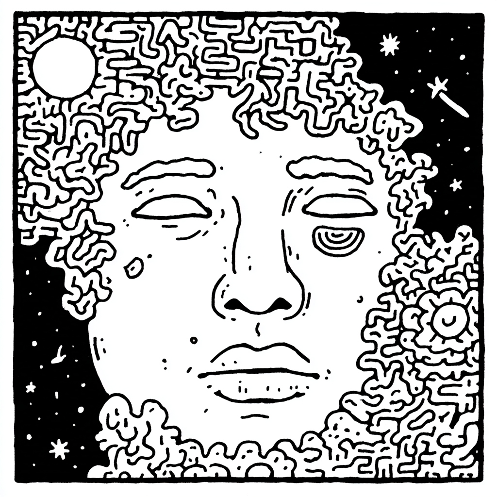 psychedelic face with cosmic and maze-like features